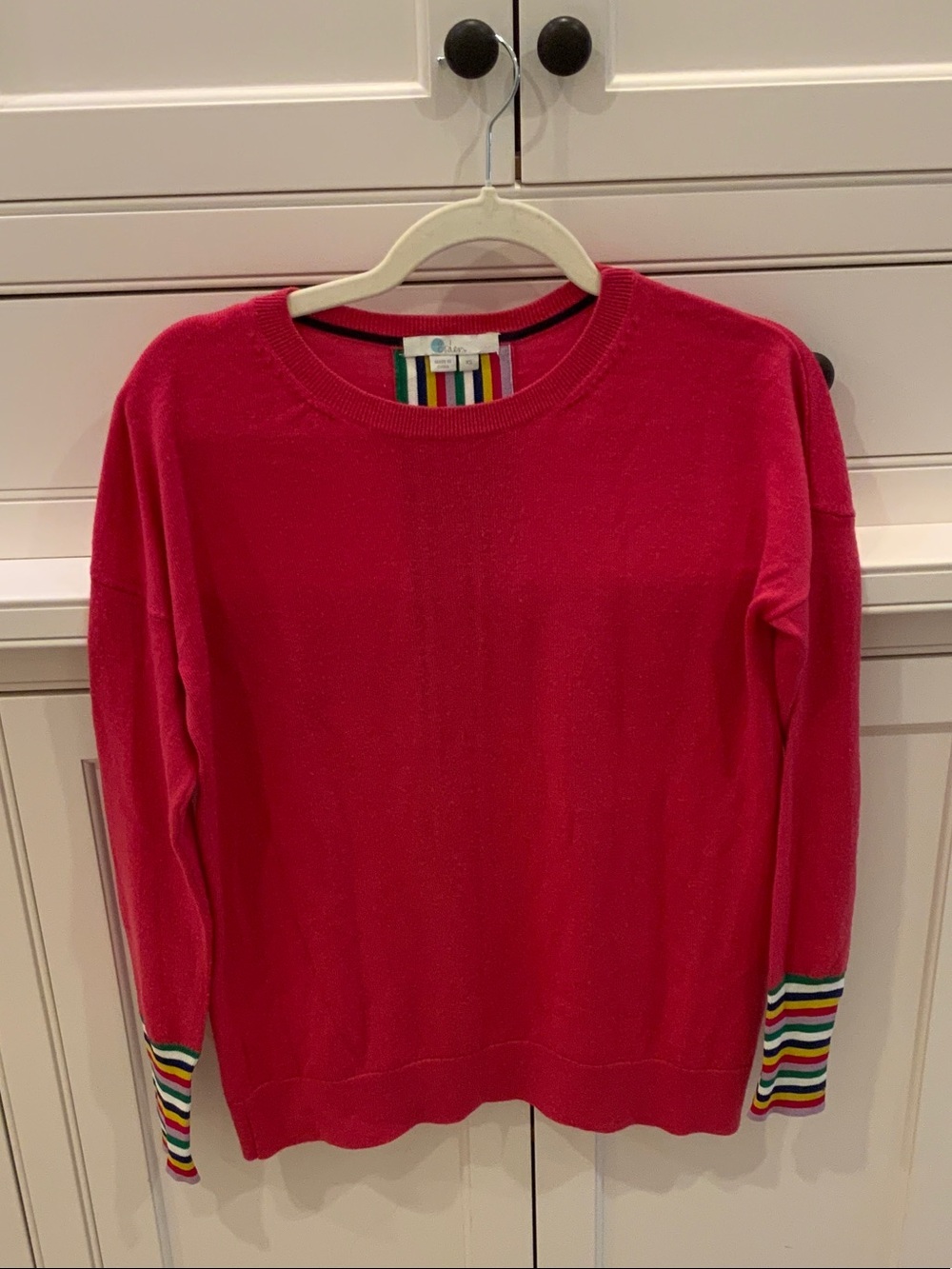 Boden Bright Pink Crewneck Sweater with Multicolor Striped Cuffs